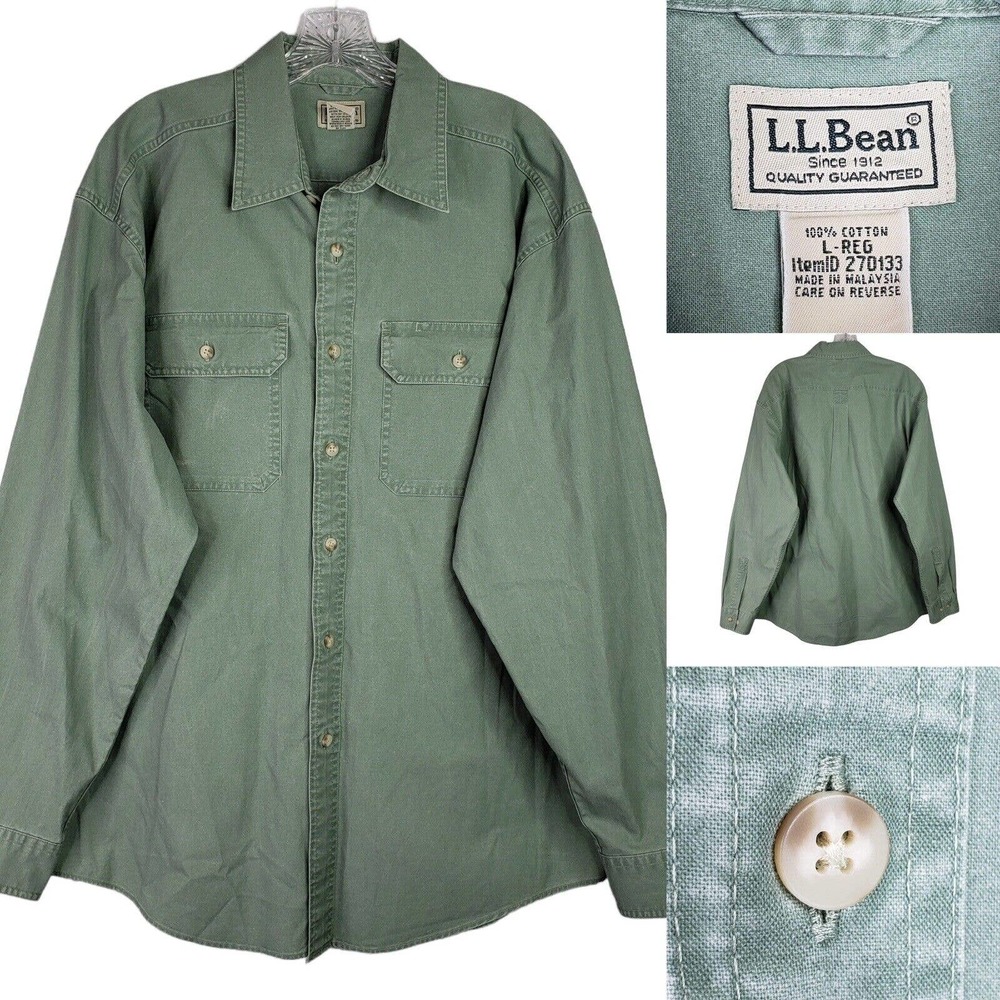 L.L. Bean Vintage Mens Large Green Sun-Washed Long Sleeve Button Up Canvas Shirt